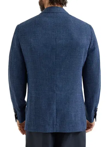 Brunello Cucinelli Men's Prince of Wales Deconstructed Blazer with Patch Pockets and Metal Buttons - Denim | Thumbnail 4