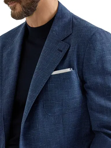 Brunello Cucinelli Men's Prince of Wales Deconstructed Blazer with Patch Pockets and Metal Buttons - Denim | Thumbnail 5