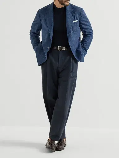 Brunello Cucinelli Men's Prince of Wales Deconstructed Blazer with Patch Pockets and Metal Buttons - Denim | Thumbnail 6
