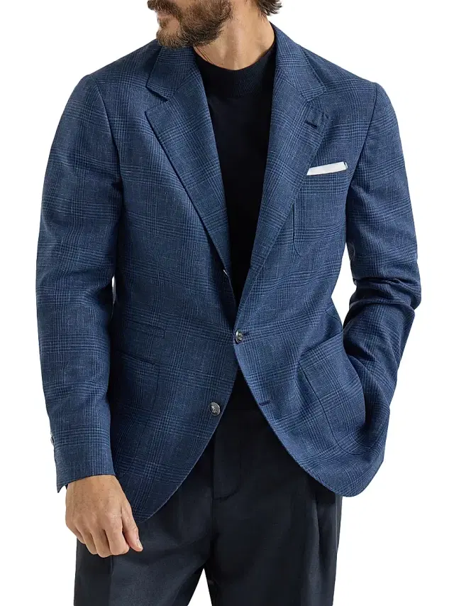 Brunello Cucinelli Men's Prince of Wales Deconstructed Blazer with Patch Pockets and Metal Buttons - Denim