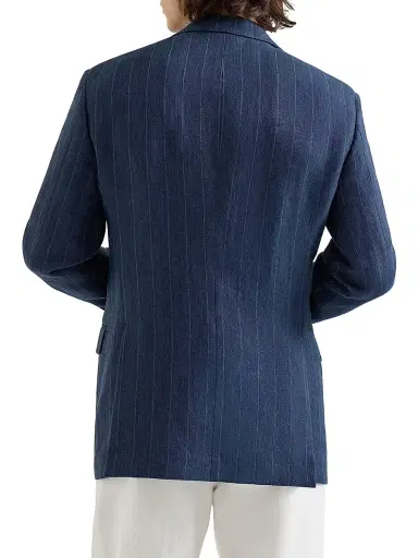 Brunello Cucinelli Men's Hemp and Silk Chalk Stripe Chevron Tailor Blazer with Peak Lapels - Blue | Thumbnail 3 Brunello Cucinelli Men's Hemp and Silk Chalk Stripe Chevron Tailor Blazer with Peak Lapels - Blue | Thumbnail 3