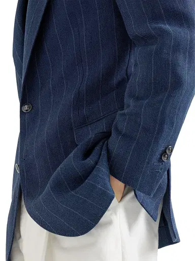 Brunello Cucinelli Men's Hemp and Silk Chalk Stripe Chevron Tailor Blazer with Peak Lapels - Blue | Thumbnail 4 Brunello Cucinelli Men's Hemp and Silk Chalk Stripe Chevron Tailor Blazer with Peak Lapels - Blue | Thumbnail 4
