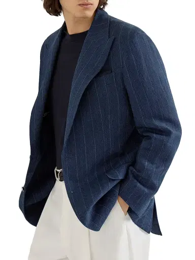 Brunello Cucinelli Men's Hemp and Silk Chalk Stripe Chevron Tailor Blazer with Peak Lapels - Blue | Thumbnail 5 Brunello Cucinelli Men's Hemp and Silk Chalk Stripe Chevron Tailor Blazer with Peak Lapels - Blue | Thumbnail 5