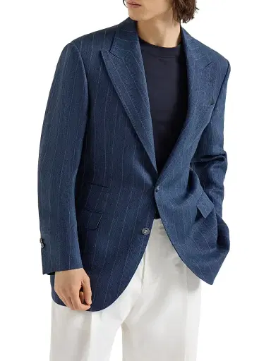 Brunello Cucinelli Men's Hemp and Silk Chalk Stripe Chevron Tailor Blazer with Peak Lapels - Blue | Thumbnail 1 Brunello Cucinelli Men's Hemp and Silk Chalk Stripe Chevron Tailor Blazer with Peak Lapels - Blue | Thumbnail 1
