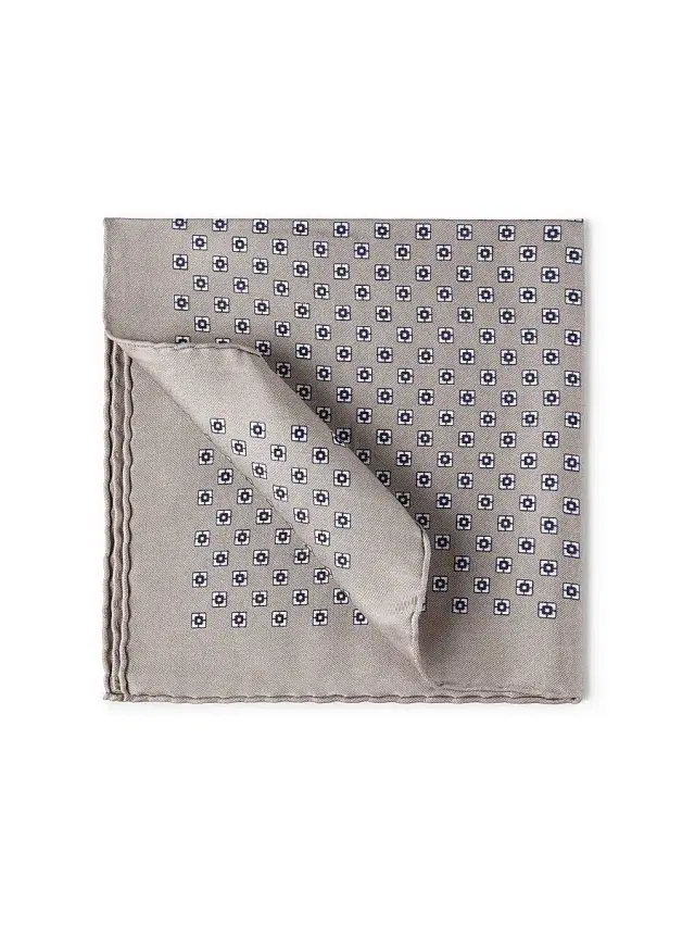 Brunello Cucinelli Men's Silk Pocket Square with Square Pattern - Light Brown