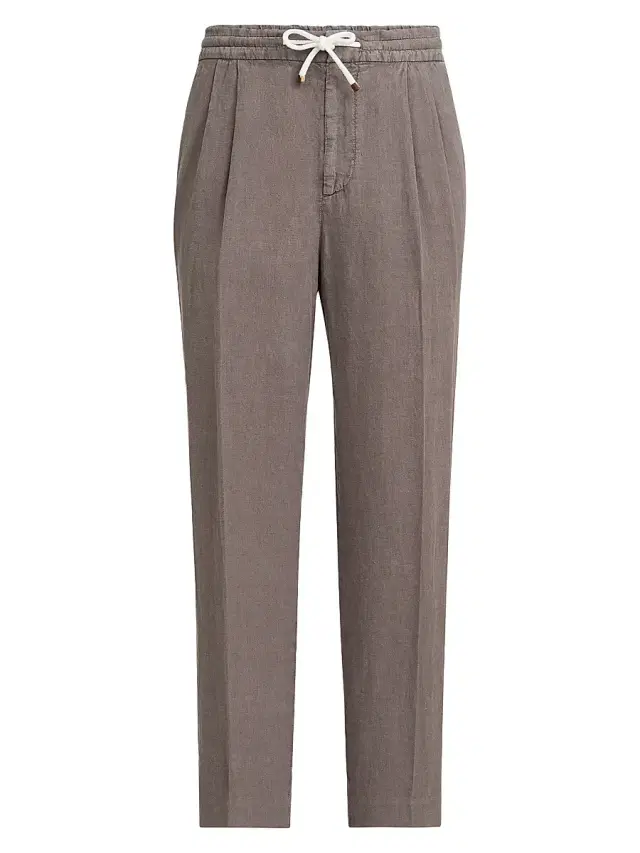 Brunello Cucinelli Men's Trousers in Linen Gabardine with Drawstring and Double Pleats - Hazelnut