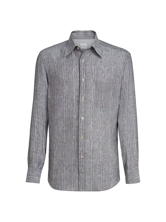 Brunello Cucinelli Men's Textured Stripe Linen Easy Fit Shirt with Chest Pocket - Grey