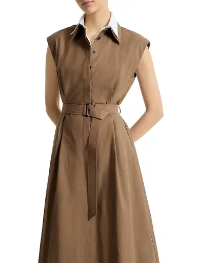 Brunello Cucinelli Women's Techno Cotton Texture Twill Belted Shirt Dress with Monili - Brown | Thumbnail 4 Brunello Cucinelli Women's Techno Cotton Texture Twill Belted Shirt Dress with Monili - Brown | Thumbnail 4