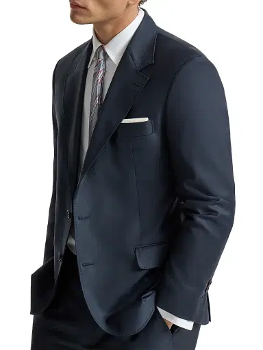 Brunello Cucinelli Men's Super 150s Virgin Wool Four Season Batavia Twill Blazer - Navy Blue | Thumbnail 4