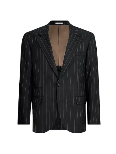 Brunello Cucinelli Men's Super 150s Virgin Wool Wide Chalk Stripe Batavia Blazer - Black | Thumbnail 2