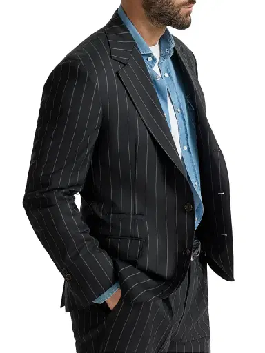 Brunello Cucinelli Men's Super 150s Virgin Wool Wide Chalk Stripe Batavia Blazer - Black | Thumbnail 3