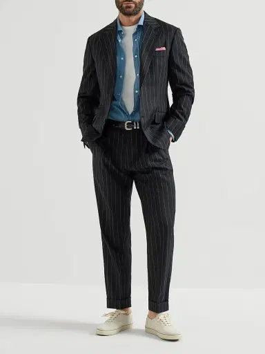 Brunello Cucinelli Men's Super 150s Virgin Wool Wide Chalk Stripe Batavia Blazer - Black | Thumbnail 6