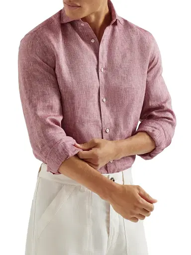 Brunello Cucinelli Men's Linen Easy Fit Shirt with Spread Collar | Thumbnail 5 Brunello Cucinelli Men's Linen Easy Fit Shirt with Spread Collar | Thumbnail 5