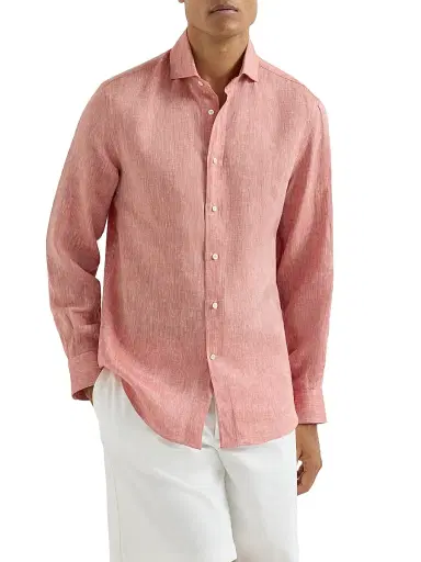 Brunello Cucinelli Men's Linen Easy Fit Shirt with Spread Collar | Thumbnail 2 Brunello Cucinelli Men's Linen Easy Fit Shirt with Spread Collar | Thumbnail 2