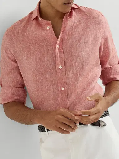 Brunello Cucinelli Men's Linen Easy Fit Shirt with Spread Collar | Thumbnail 5 Brunello Cucinelli Men's Linen Easy Fit Shirt with Spread Collar | Thumbnail 5