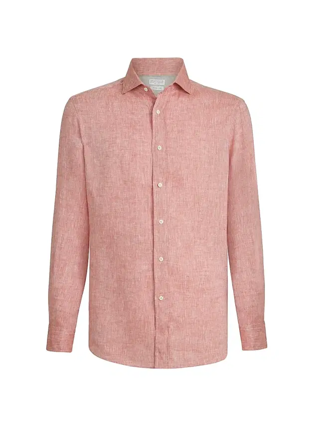 Brunello Cucinelli Men's Linen Easy Fit Shirt with Spread Collar - Apricot