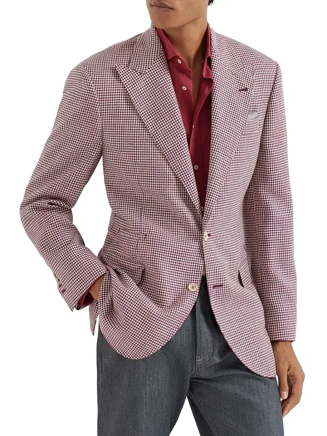 Brunello Cucinelli Men's Virgin Wool, Silk and Linen Houndstooth Tailor Blazer - Cherry - Size 40