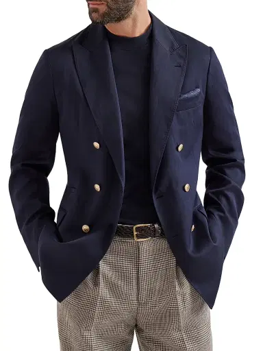 Brunello Cucinelli Men's Délavé Silk and Linen Twill One and a Half Breasted Deconstructed Blazer - Navy Blue | Thumbnail 5 Brunello Cucinelli Men's Délavé Silk and Linen Twill One and a Half Breasted Deconstructed Blazer - Navy Blue | Thumbnail 5