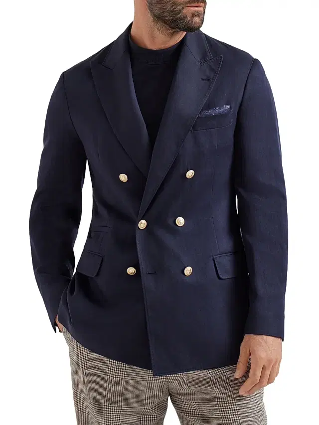 Brunello Cucinelli Men's Délavé Silk and Linen Twill One and a Half Breasted Deconstructed Blazer - Navy Blue