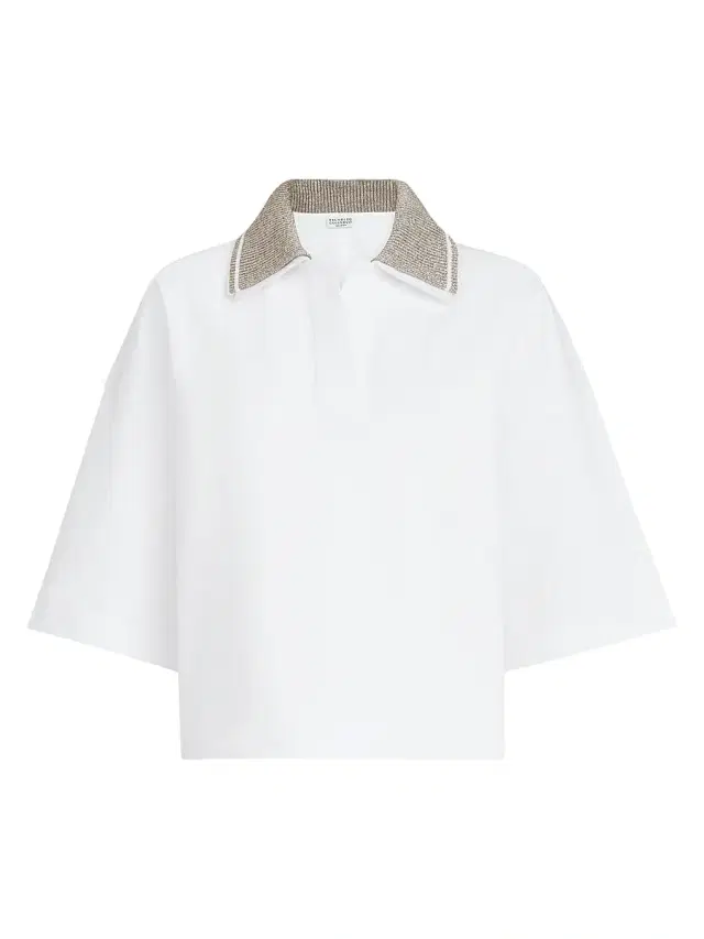 Brunello Cucinelli Women's Couture Interlock Polo Shirt with Sparkling Knit Collar - White