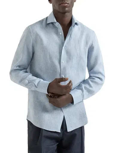 Brunello Cucinelli Men's Linen Easy Fit Shirt with Spread Collar | Thumbnail 2 Brunello Cucinelli Men's Linen Easy Fit Shirt with Spread Collar | Thumbnail 2