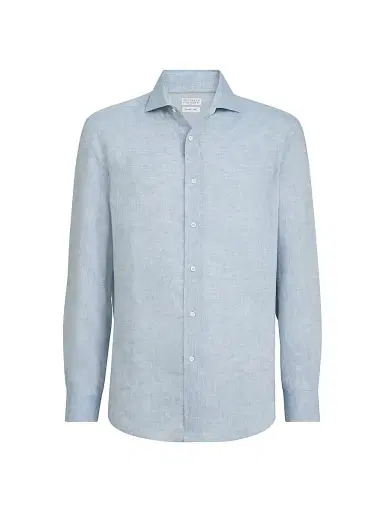 Brunello Cucinelli Men's Linen Easy Fit Shirt with Spread Collar | Thumbnail 1 Brunello Cucinelli Men's Linen Easy Fit Shirt with Spread Collar | Thumbnail 1