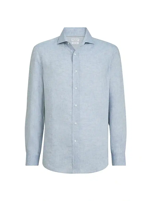 Brunello Cucinelli Men's Linen Easy Fit Shirt with Spread Collar - Sky Blue