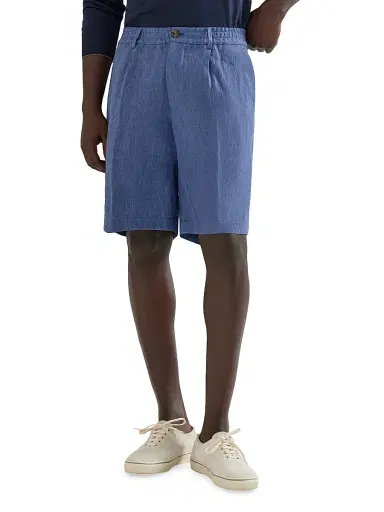 Brunello Cucinelli Men's Lightweight Délavé Linen Bermuda Shorts with Elasticated Waistband - Denim - Size 42 | Thumbnail 4
