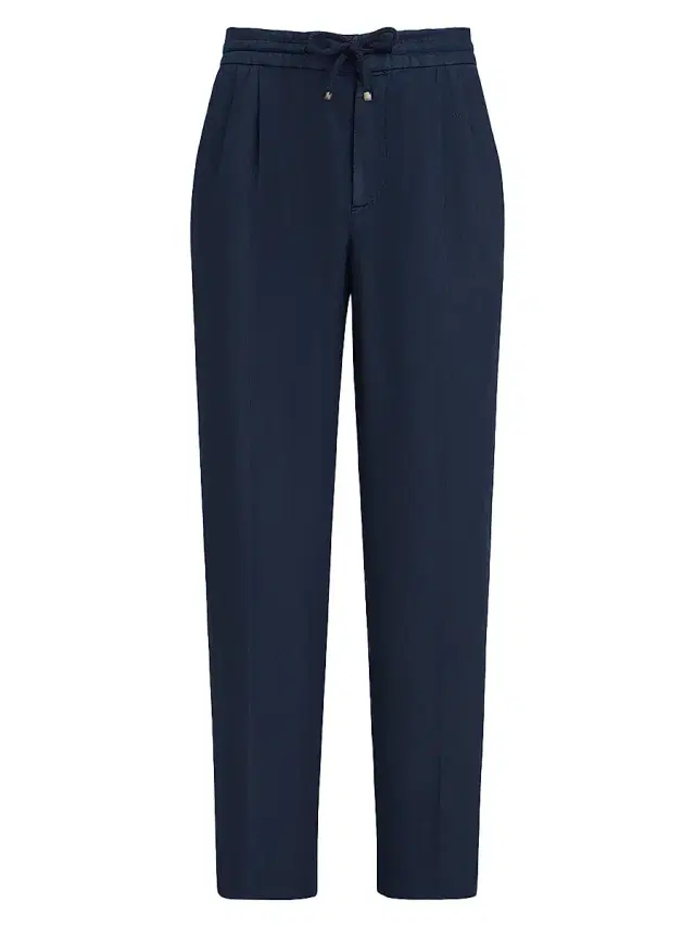 Men's Trousers in Linen Gabardine with Drawstring and Double Pleats - Blue