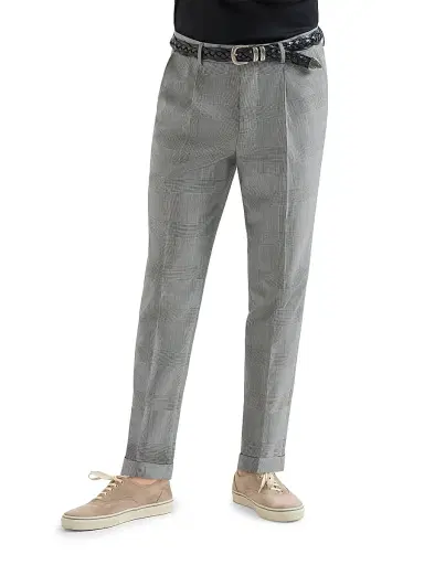 Brunello Cucinelli Men's Virgin Wool Prince of Wales Trousers with Pleats - Grey | Thumbnail 2 Brunello Cucinelli Men's Virgin Wool Prince of Wales Trousers with Pleats - Grey | Thumbnail 2