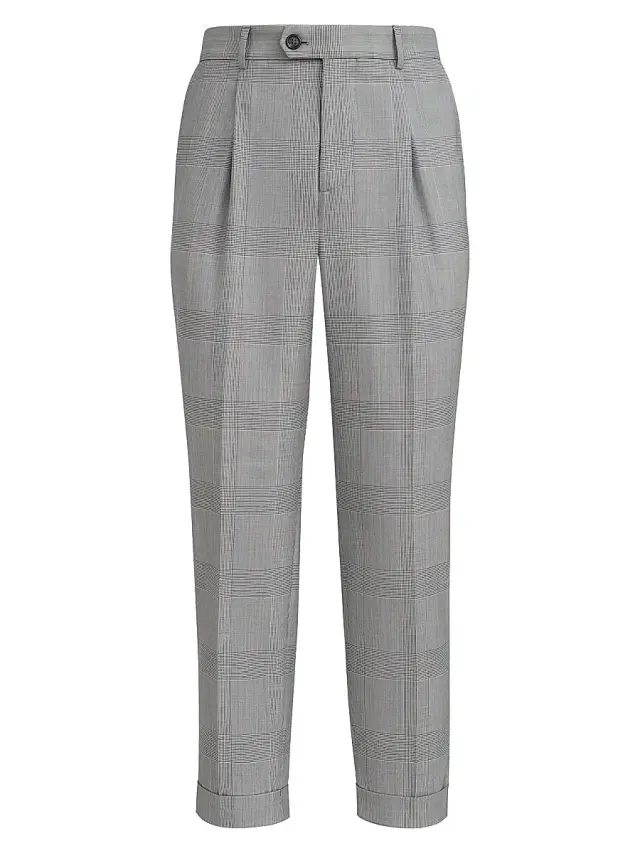 Brunello Cucinelli Men's Virgin Wool Prince of Wales Trousers with Pleats - Grey