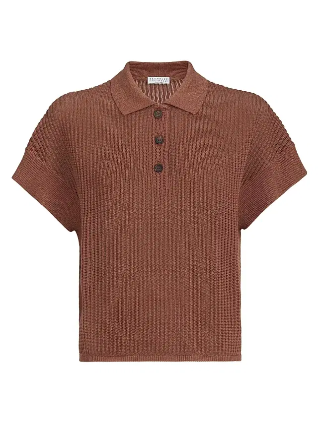 Brunello Cucinelli Women's Sparkling Cotton Ribbed Net Polo Shirt - Red