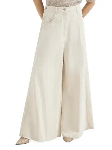 Brunello Cucinelli Women's Washed Cotton and Linen Denim Wide Sailor Trousers with Monili - Ecru | Thumbnail 2