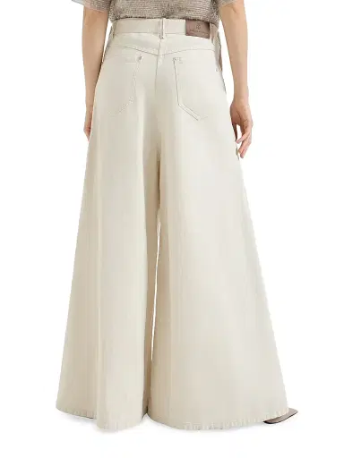 Brunello Cucinelli Women's Washed Cotton and Linen Denim Wide Sailor Trousers with Monili - Ecru | Thumbnail 3
