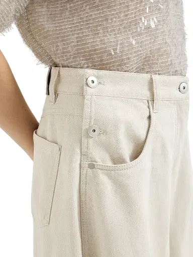 Brunello Cucinelli Women's Washed Cotton and Linen Denim Wide Sailor Trousers with Monili - Ecru | Thumbnail 4
