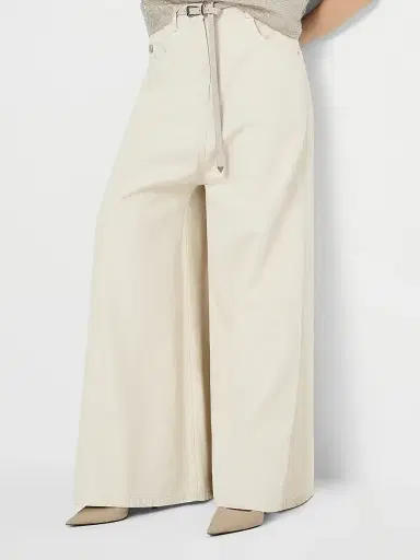 Brunello Cucinelli Women's Washed Cotton and Linen Denim Wide Sailor Trousers with Monili - Ecru | Thumbnail 5