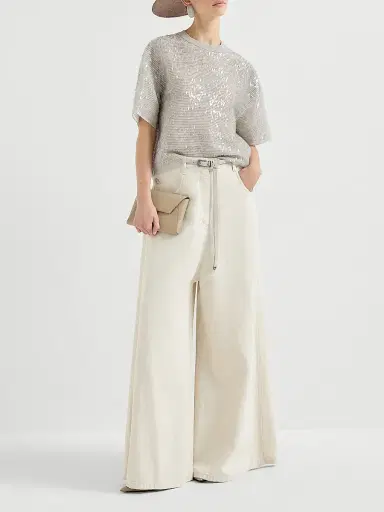 Brunello Cucinelli Women's Washed Cotton and Linen Denim Wide Sailor Trousers with Monili - Ecru | Thumbnail 6
