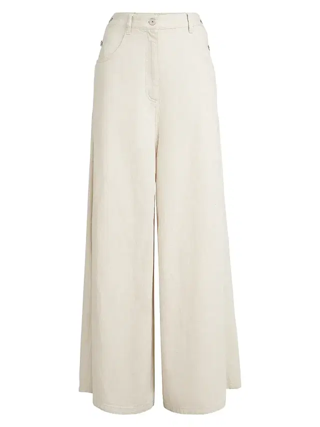Brunello Cucinelli Women's Washed Cotton and Linen Denim Wide Sailor Trousers with Monili - Ecru