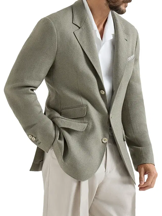 Brunello Cucinelli Men's Silk, Linen and Wool Hopsack Deconstructed Cavallo Blazer - Khaki