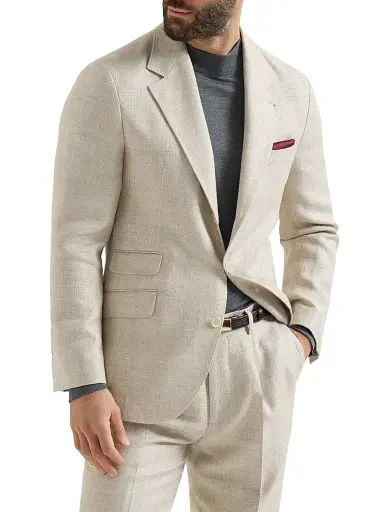 Brunello Cucinelli Men's Silk, Linen and Wool Hopsack Deconstructed Cavallo Blazer - Sand | Thumbnail 1