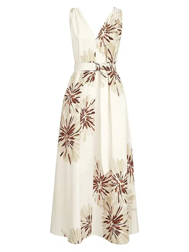Brunello Cucinelli Women's Cotton Bloom Print Poplin Dress with Monili
