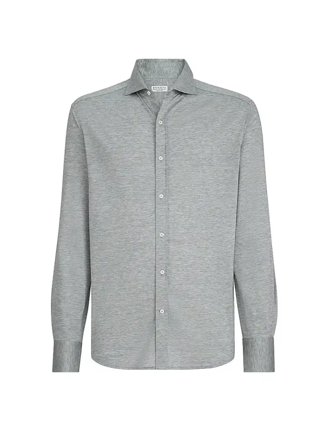 Brunello Cucinelli Men's Silk and Cotton Jersey Shirt with Spread Collar - Grey