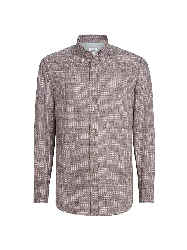 Brunello Cucinelli Men's Flower Print Twill Basic Fit Shirt with Button Down Collar - Brown