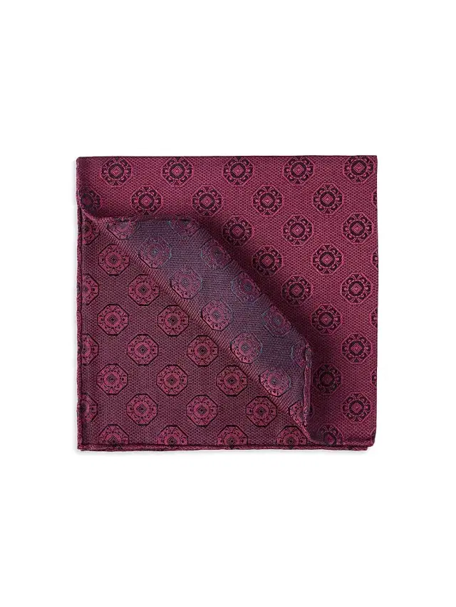 Brunello Cucinelli Men's Silk Pocket Square with Medallion Design - Cherry