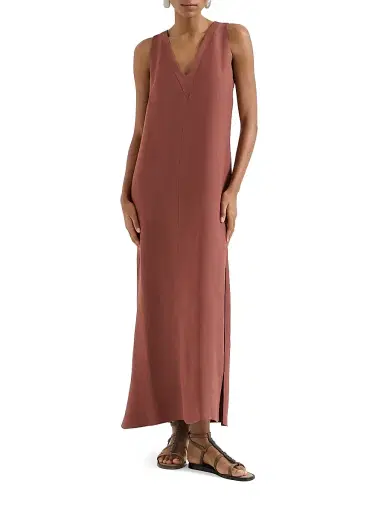 Brunello Cucinelli Women's Viscose and Linen Fluid Twill Dress with Monili - Red - Size XXS | Thumbnail 2 Brunello Cucinelli Women's Viscose and Linen Fluid Twill Dress with Monili - Red - Size XXS | Thumbnail 2