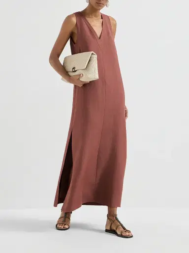 Brunello Cucinelli Women's Viscose and Linen Fluid Twill Dress with Monili - Red - Size XXS | Thumbnail 6 Brunello Cucinelli Women's Viscose and Linen Fluid Twill Dress with Monili - Red - Size XXS | Thumbnail 6