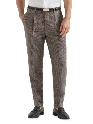 Brunello Cucinelli Men's Linen Houndstooth Trousers with Pleats - Hazelnut - Size 48 | Thumbnail 2