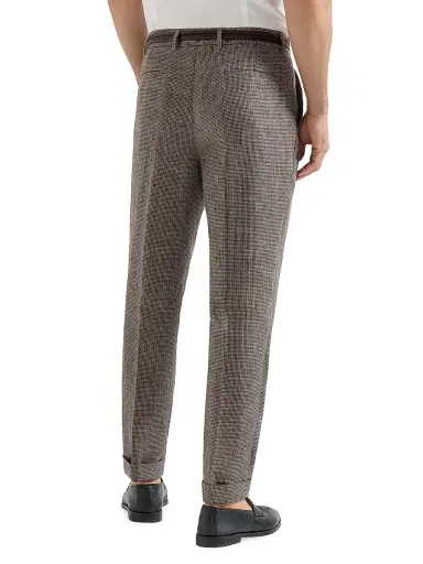 Brunello Cucinelli Men's Linen Houndstooth Trousers with Pleats - Hazelnut - Size 48 | Thumbnail 3