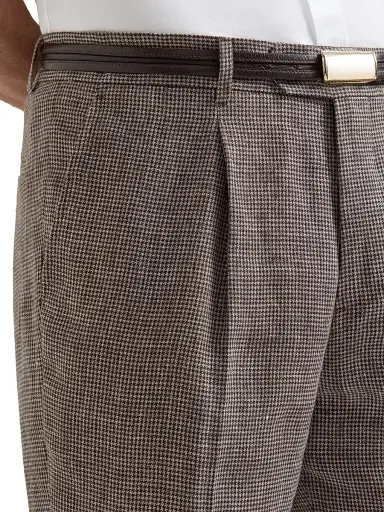 Brunello Cucinelli Men's Linen Houndstooth Trousers with Pleats - Hazelnut - Size 48 | Thumbnail 4