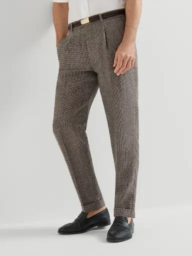 Brunello Cucinelli Men's Linen Houndstooth Trousers with Pleats - Hazelnut - Size 48 | Thumbnail 5